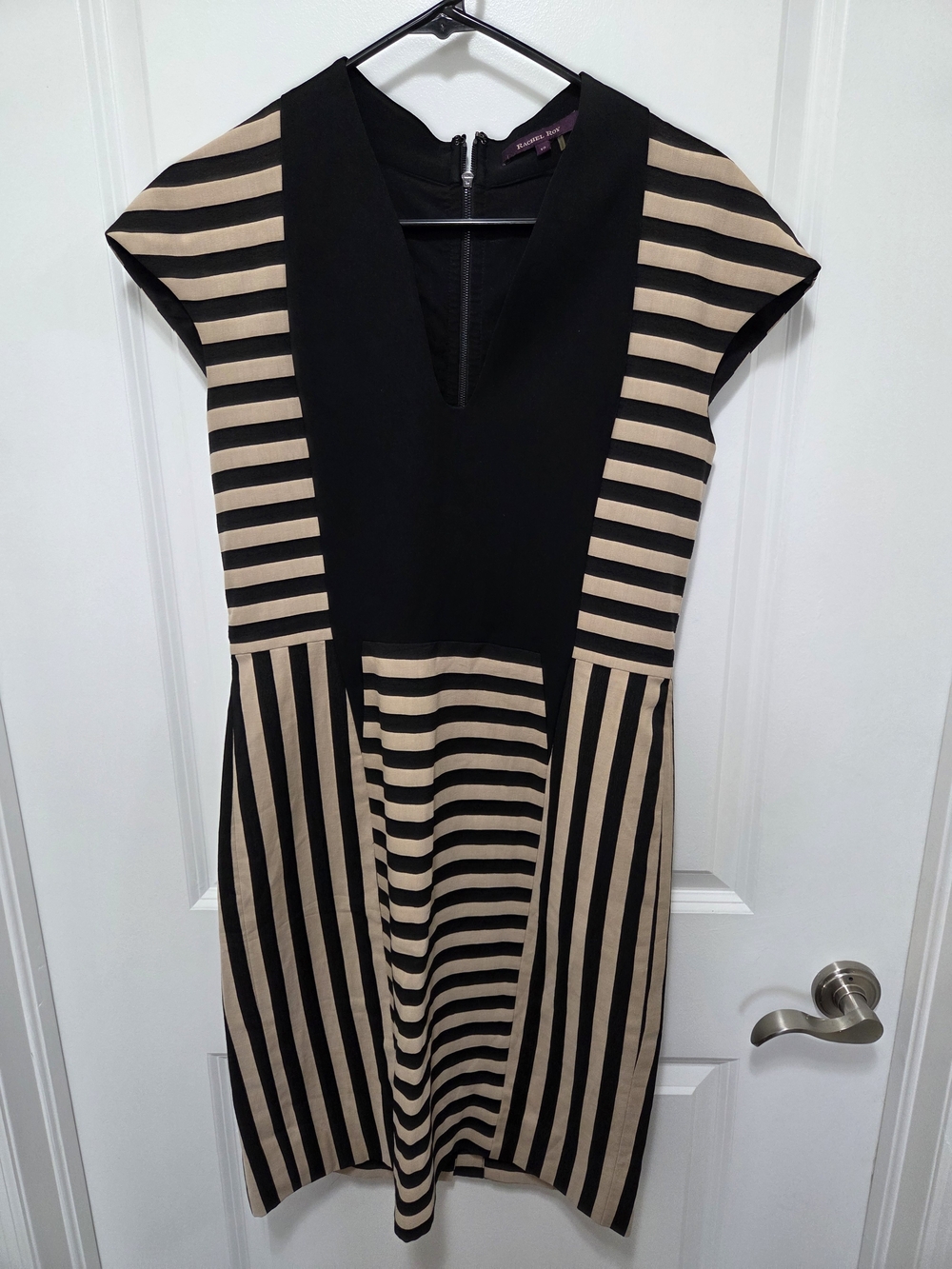 RACHEL Rachel Roy Black and Beige Striped Midi Dress